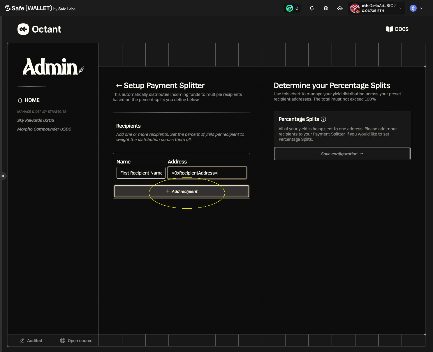 Payment Splitter setup with the Add recipient button highlighted below the first recipient row