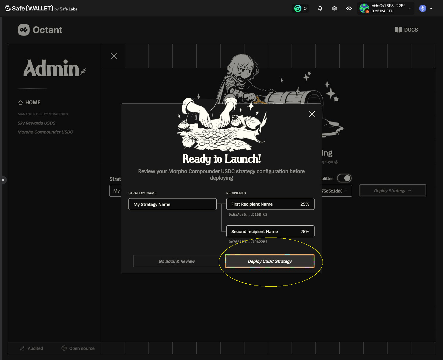 Ready to Launch dialog with the Deploy USDC Strategy button highlighted