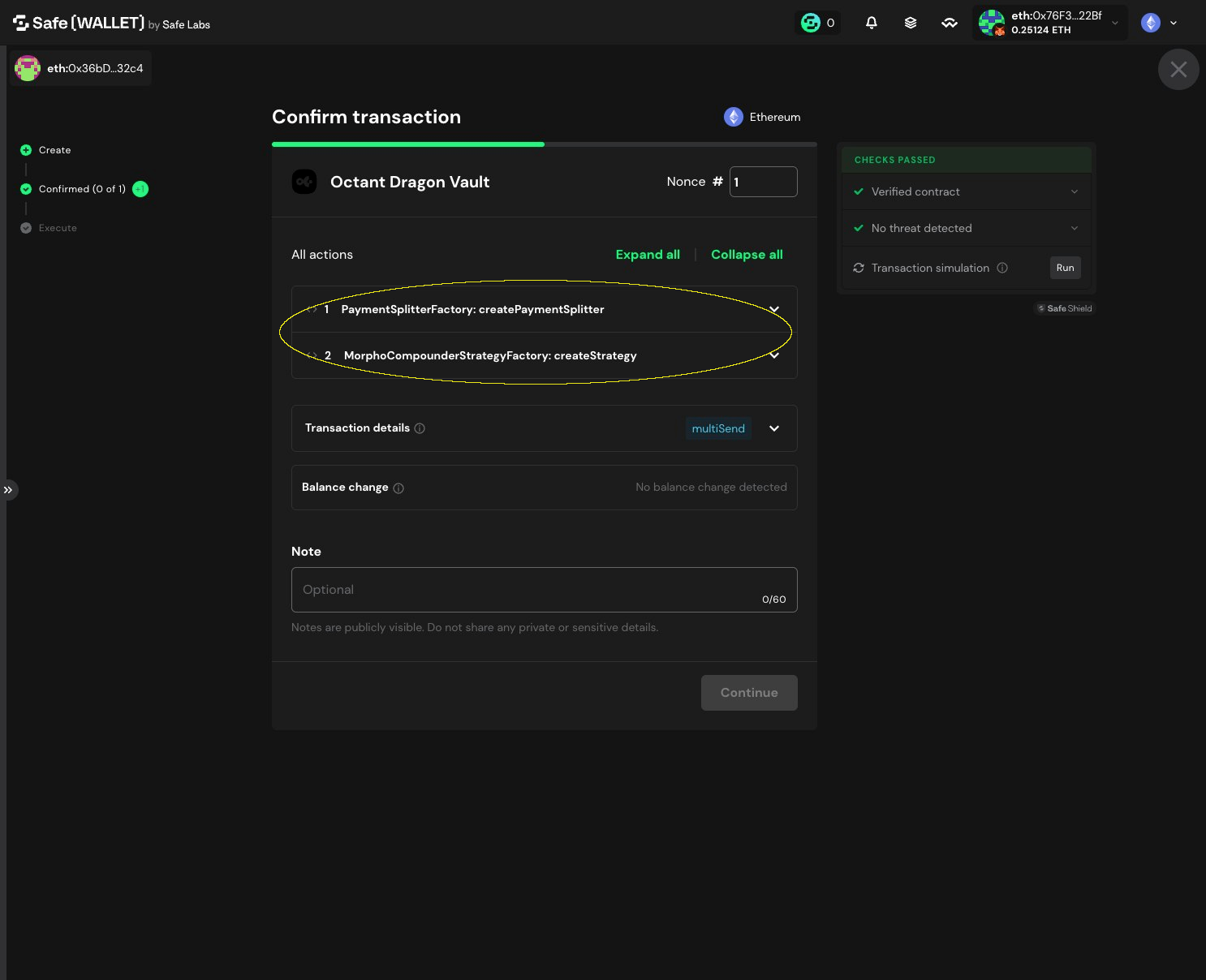 Safe Confirm transaction screen showing two batched actions: createPaymentSplitter and createStrategy