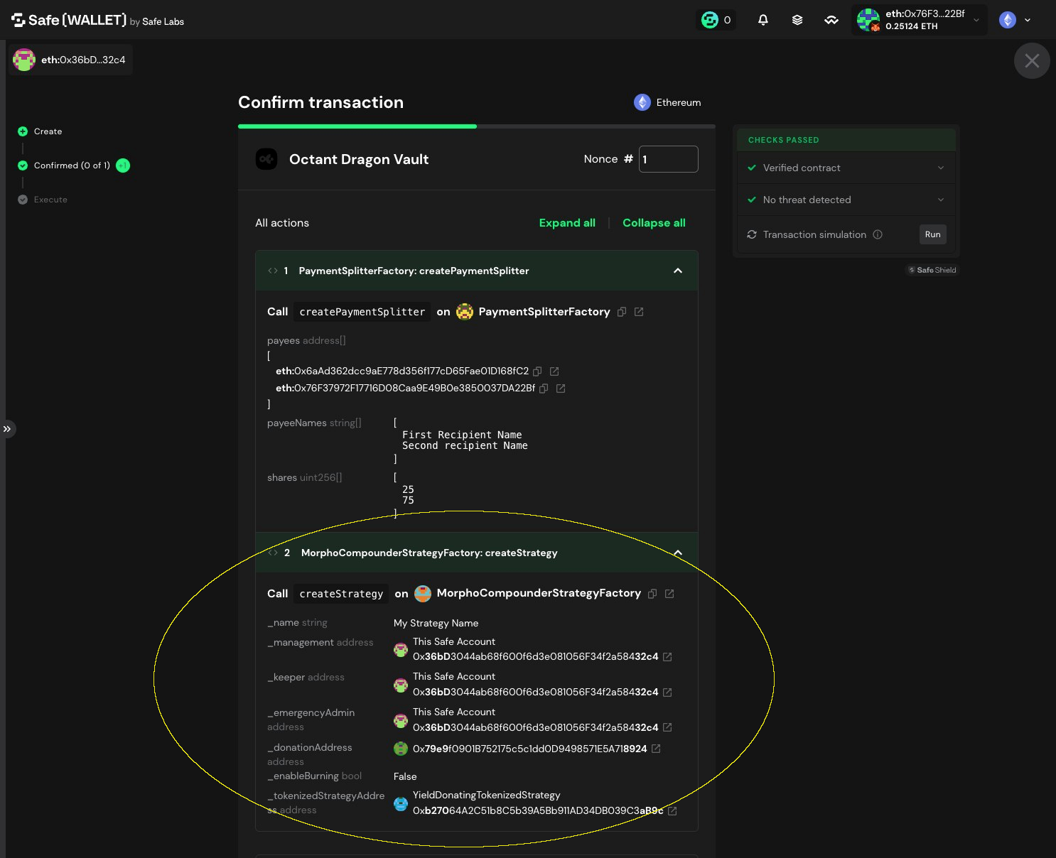 Safe transaction detail view showing full createStrategy parameters including management, keeper, and donation addresses