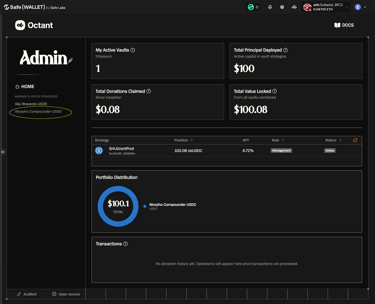 Octant Admin dashboard highlighting the Morpho Compounder USDC strategy in the sidebar