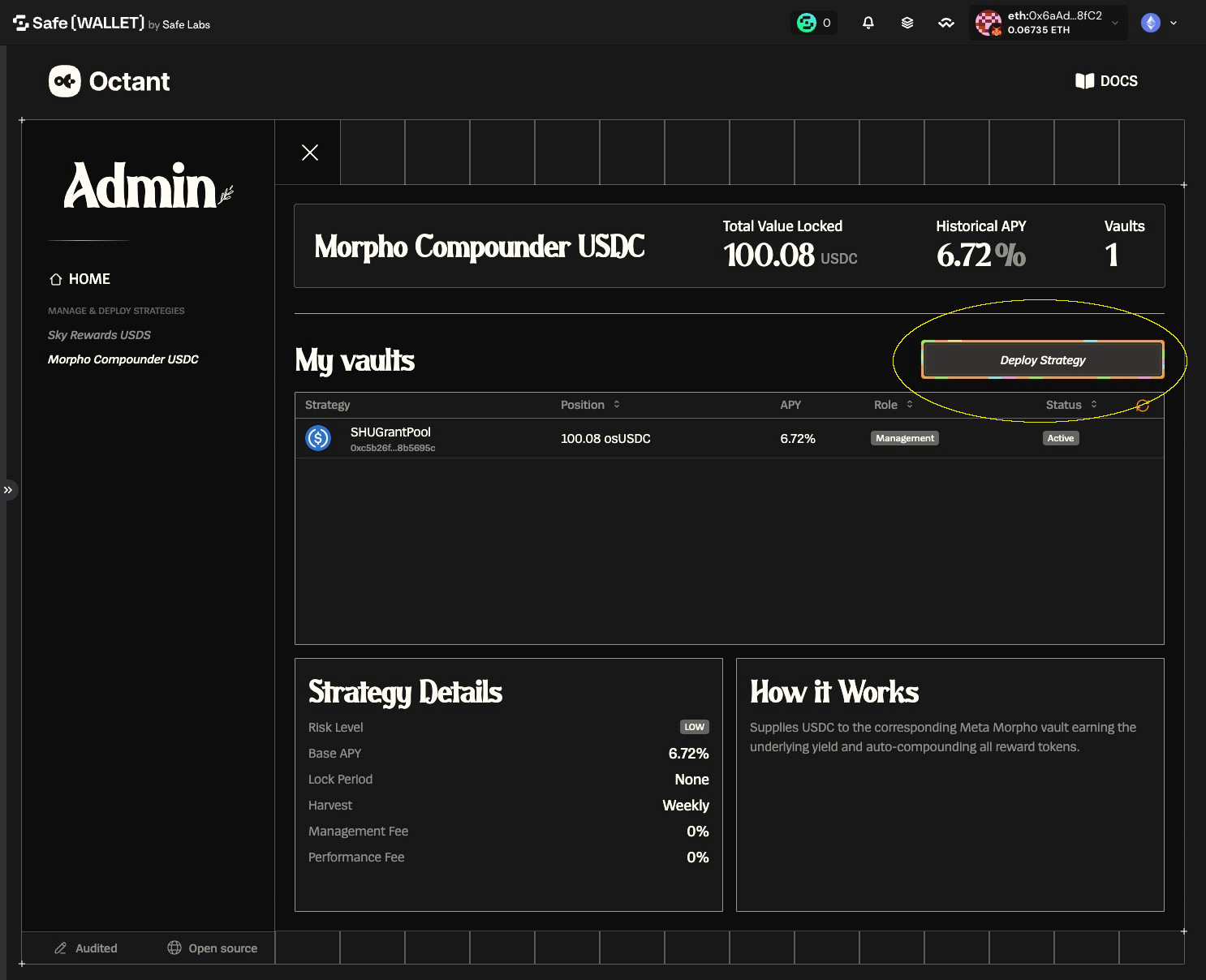 Morpho Compounder USDC vault details panel with the Deploy Strategy button highlighted