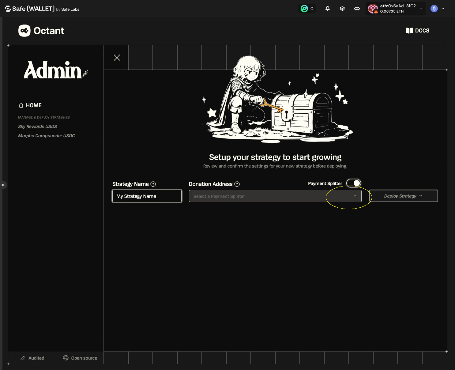 Strategy setup form with the Donation Address dropdown arrow highlighted