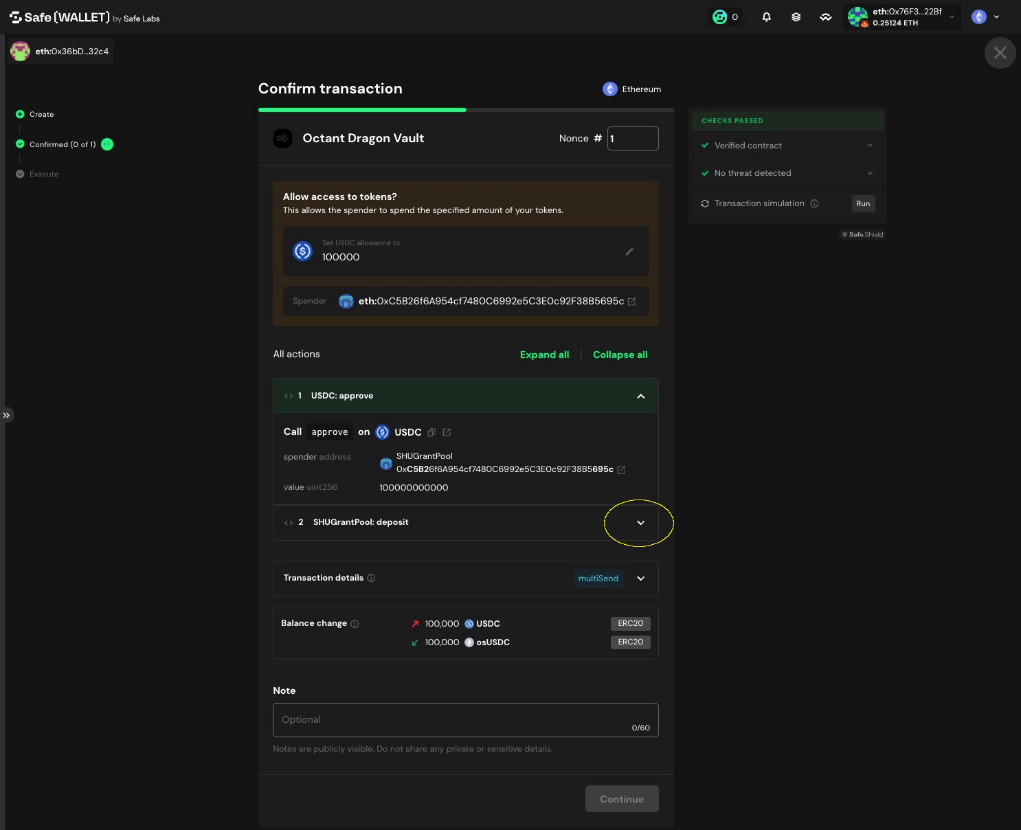 Safe transaction view with the second transaction row (SHUGrantPool deposit) highlighted for expansion