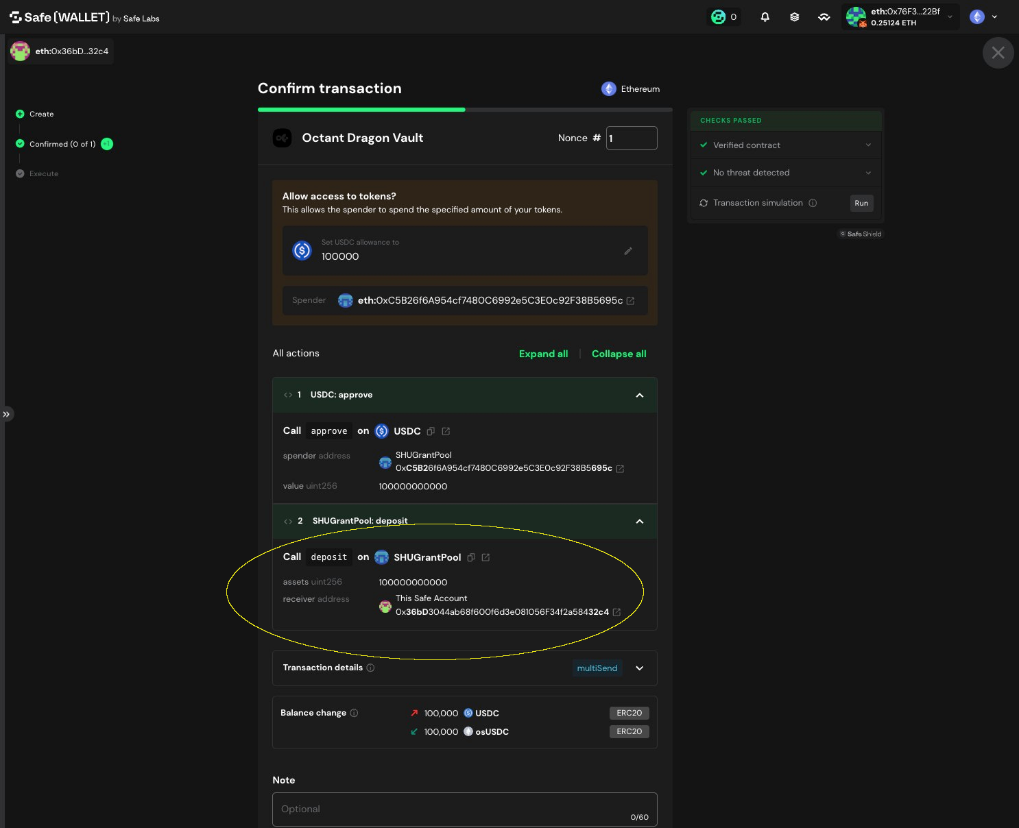 Expanded deposit transaction on SHUGrantPool showing the deposit call parameters and vault address