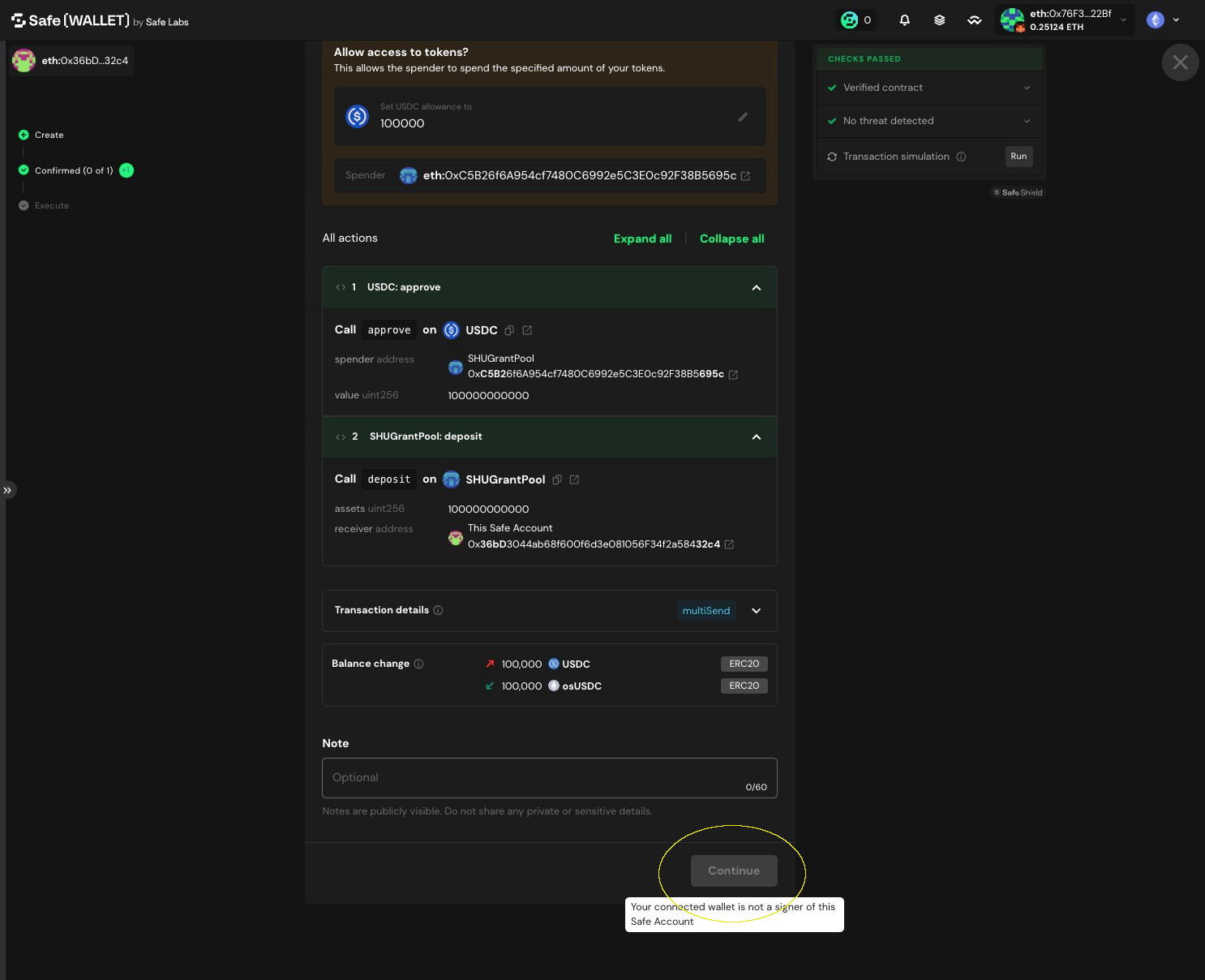 Safe transaction confirmation with the Continue button highlighted to proceed with multisig signing