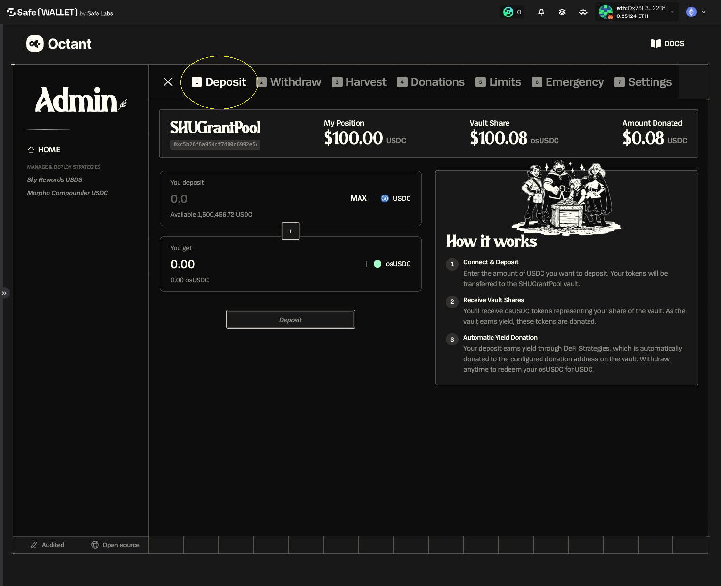 Vault admin panel with the Deposit tab highlighted in the action tabs bar