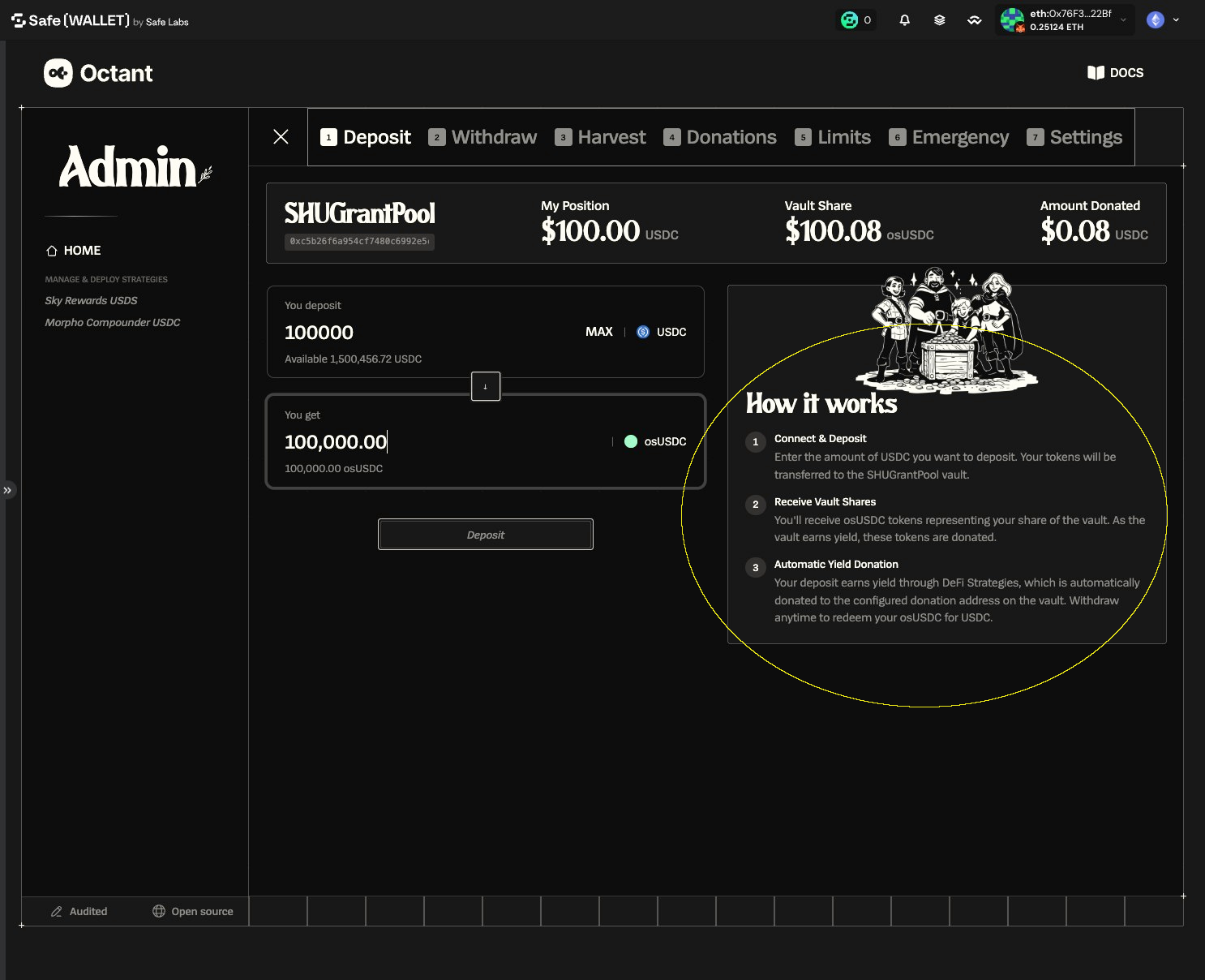 Deposit form with the How it works panel highlighted, explaining Connect and Deposit, Receive Vault Shares, and Automatic Yield Donation
