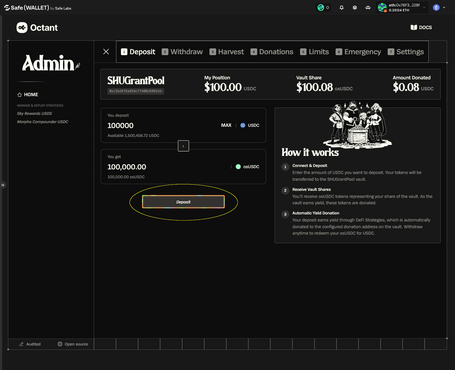 Deposit form with all fields filled and the Deposit button highlighted
