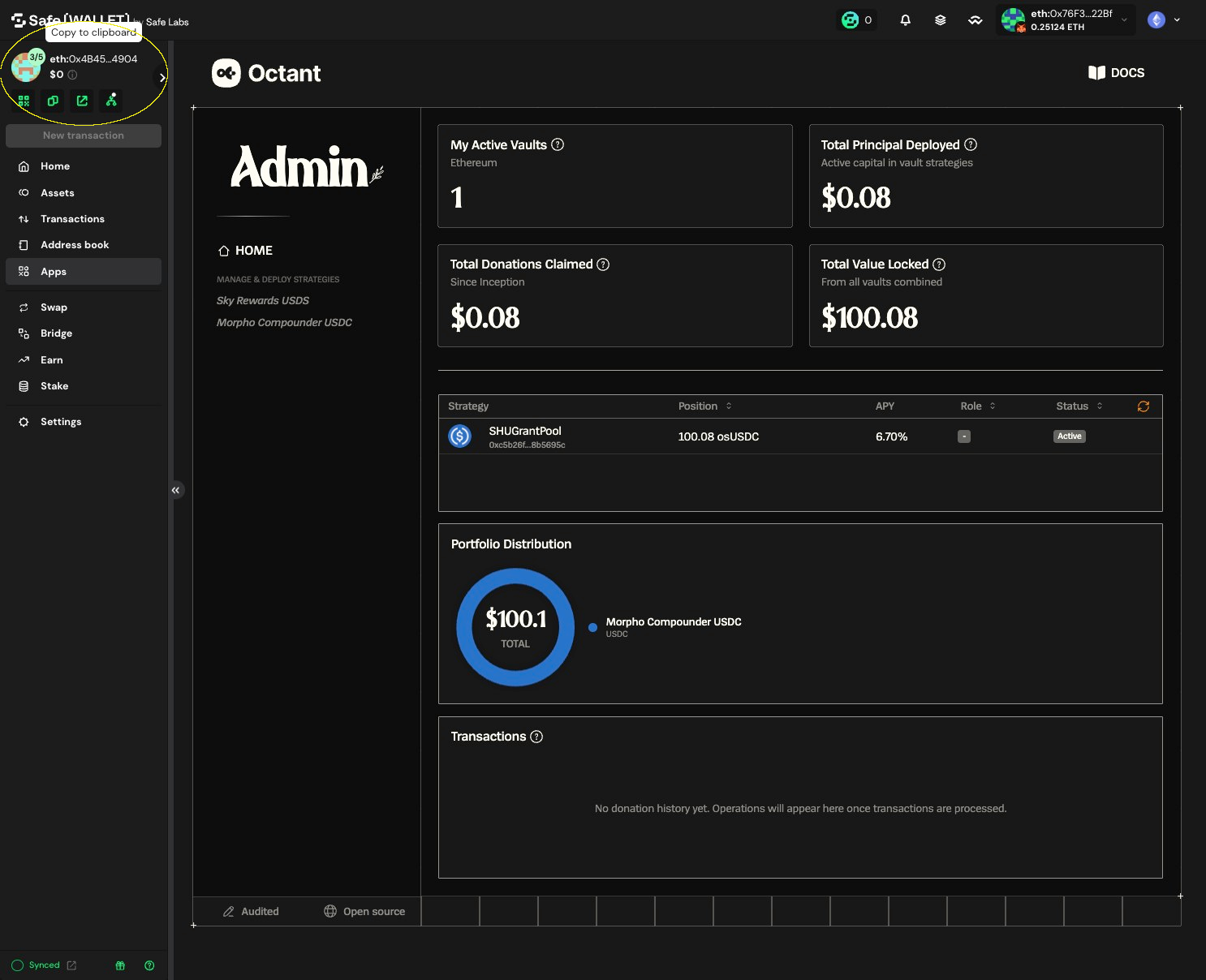 Octant Dashboard showing the connected Safe address highlighted in the Safe sidebar