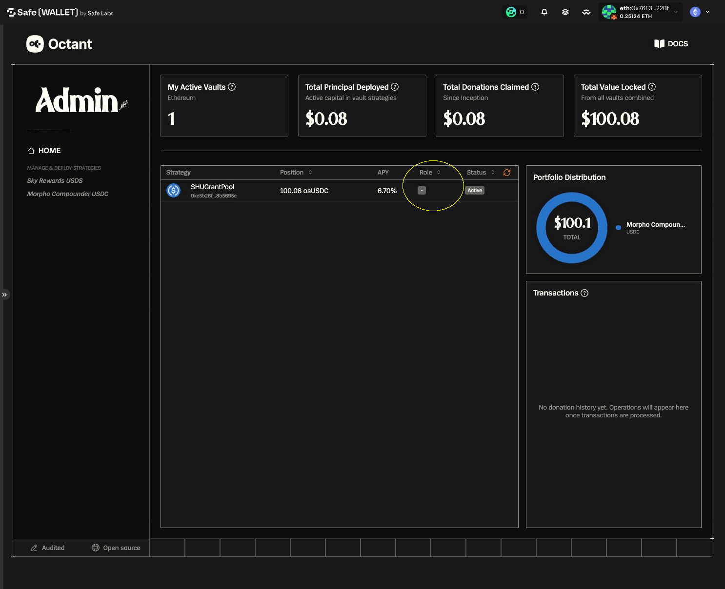 Octant Dashboard with the Management role badge highlighted on the strategy row