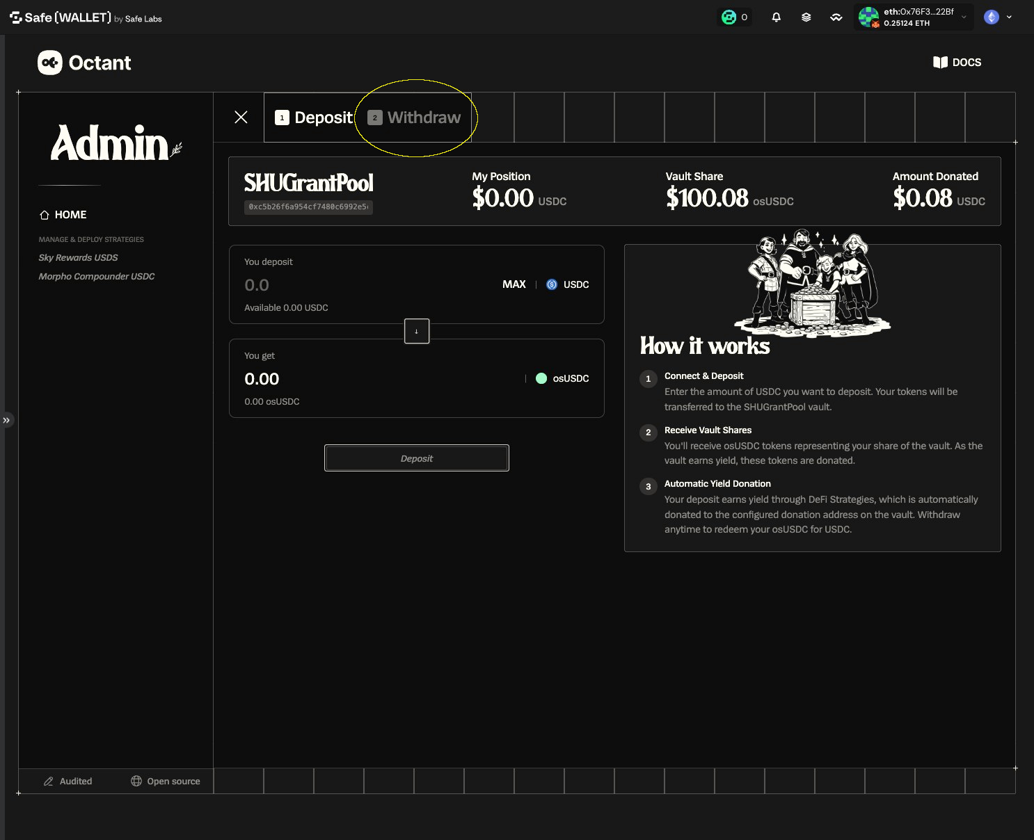 Vault admin panel with the Withdraw tab selected, showing the osUSDC withdrawal form