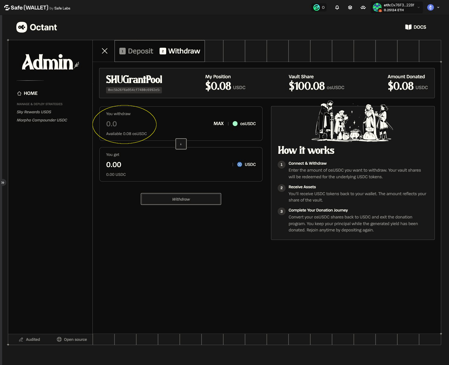 Withdraw form with the osUSDC amount input field highlighted