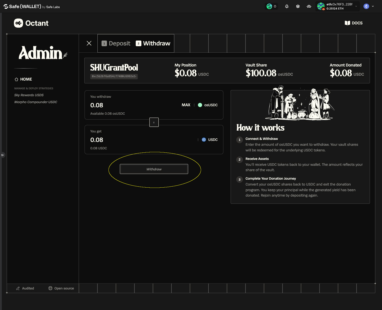 Withdraw form with all fields filled and the Withdraw button highlighted