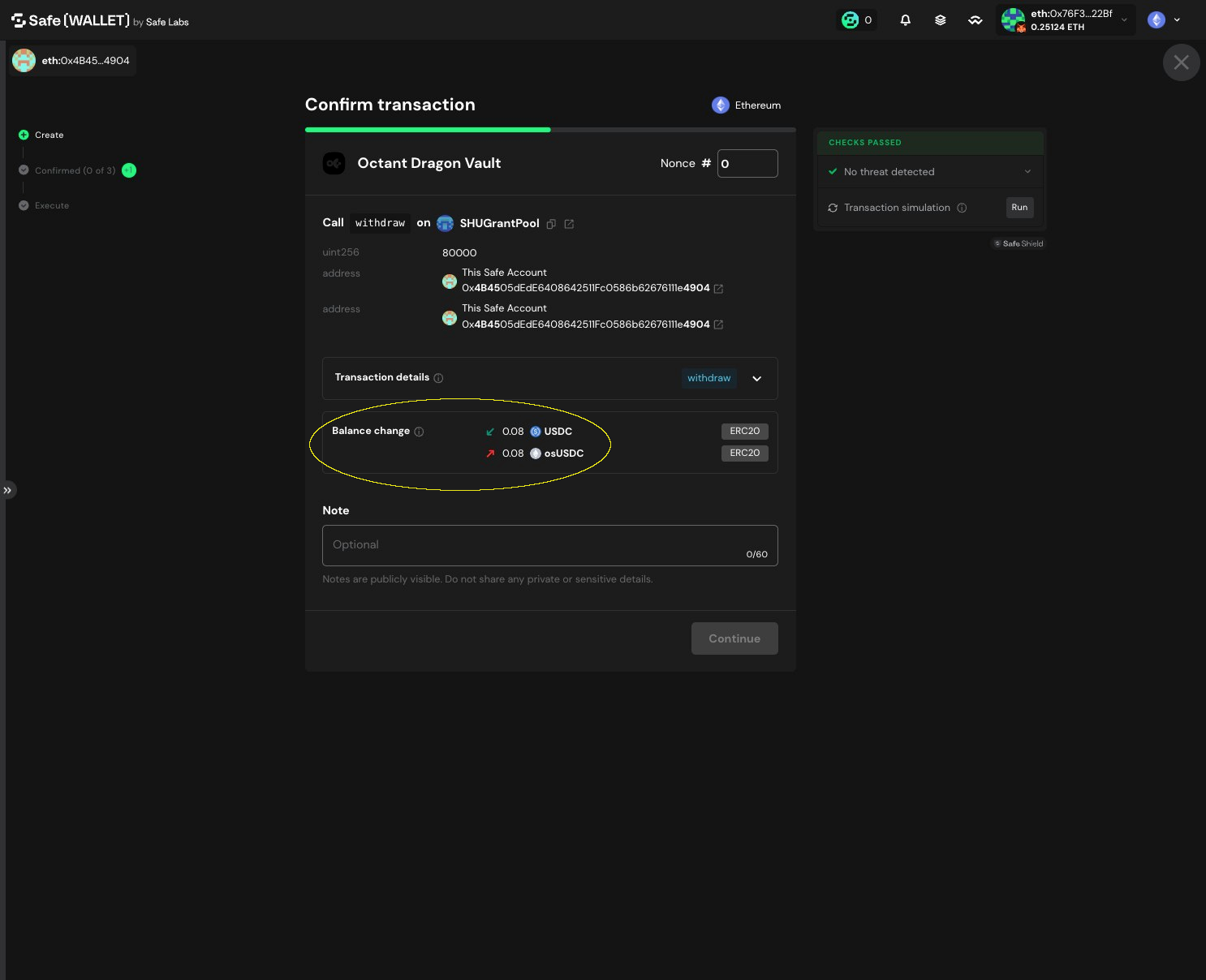 Safe Confirm transaction screen showing the withdraw call on SHUGrantPool with Balance change section highlighted